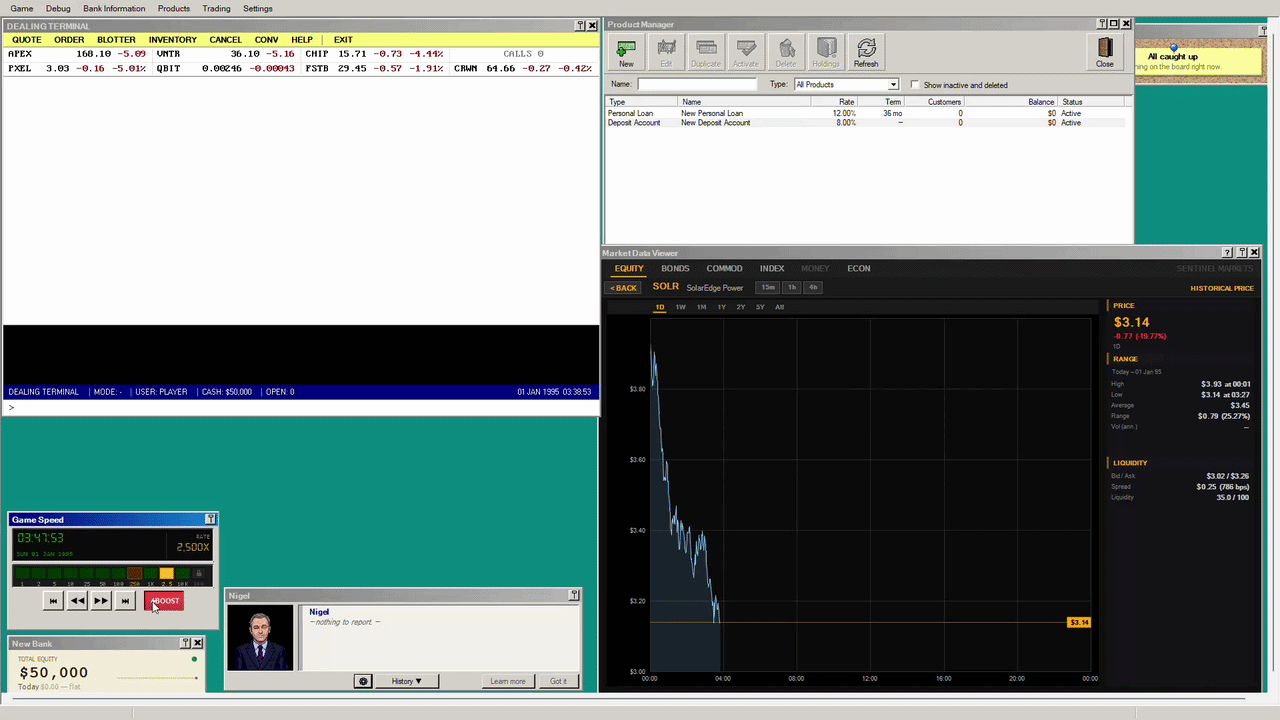 Animated capture of Liquidity gameplay: the dealing terminal, market data viewer and game-speed clock